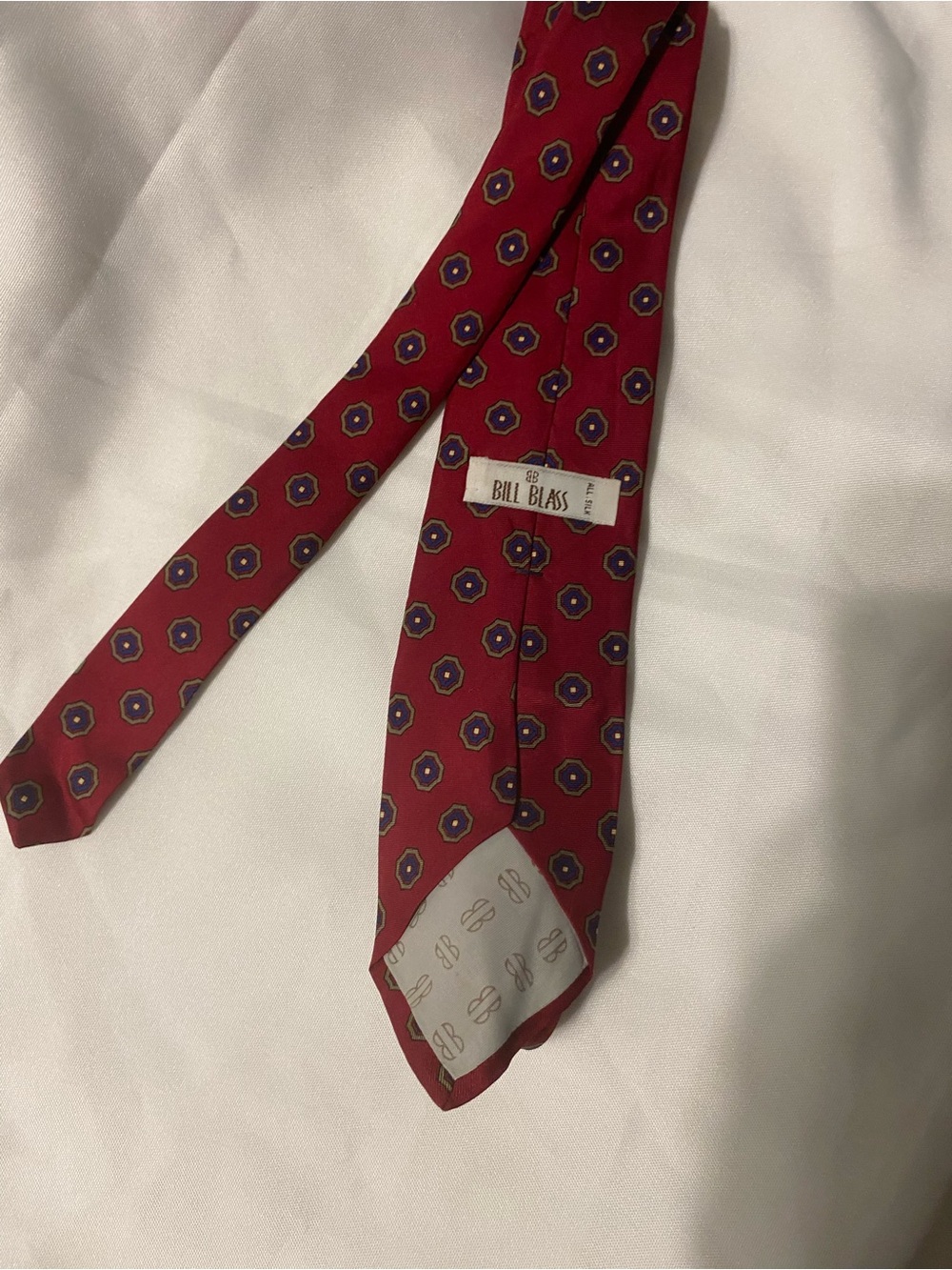 bill blass Red Silk Tie with Navy and Gold Medallions